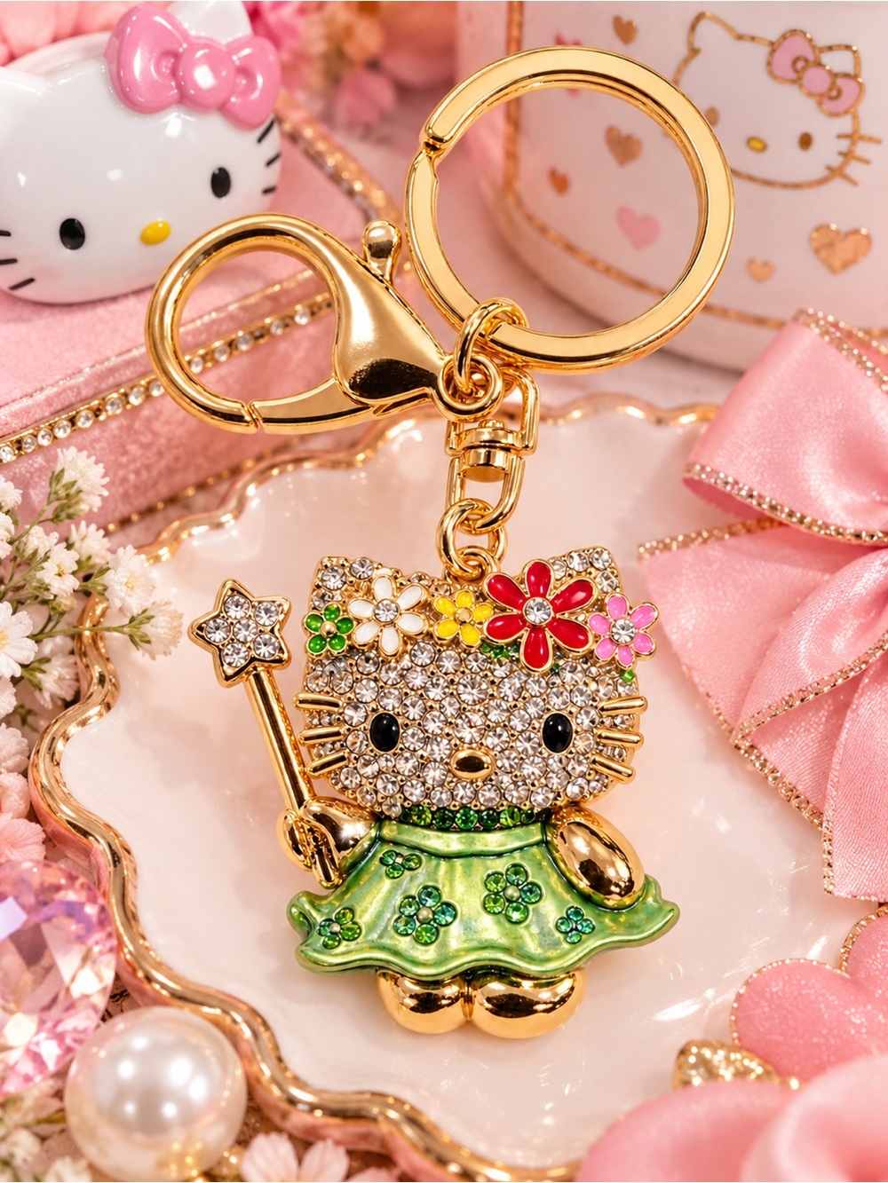 Hello Kitty Flower Fairy Rhinestone Keychain Gold Tone Green Floral Charm.
